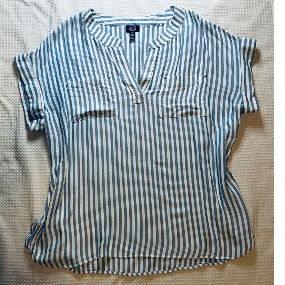 Jones New York Signature Blue White Striped V-Neck Blouse Top Plus Size 2X